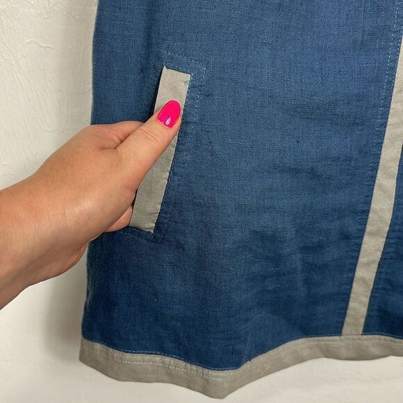 AB NAHLIK Linen Blue Sleeveless Round Neck Contrast Trim Shift Mini Dress Size S - Picture 2 of 7